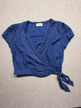 Sorella Moon Medium Navy Blue Lace Trim Wrap Crop Top Tie Waist Boho